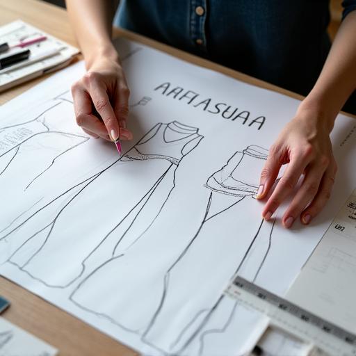 A close-up of a paper sewing pattern being drafted by a designer.